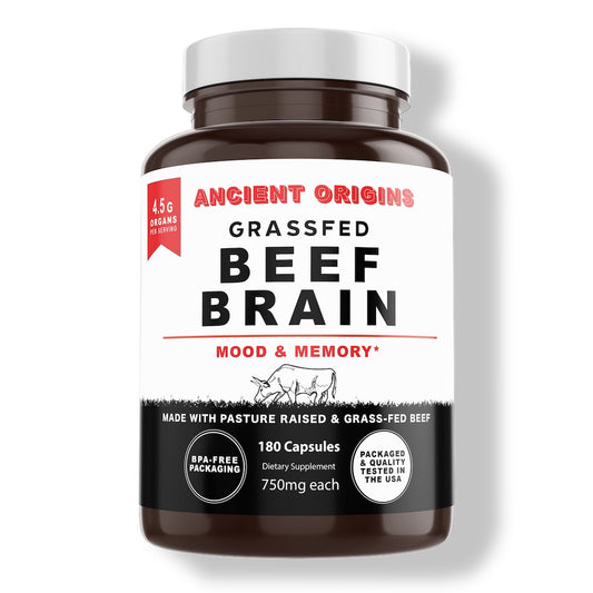Ancient Origins Grass Fed Beef Brain Supplement with Beef Liver, and Marrow, Whole Food Brain Support Promotes Brain, Mood and Memory, Non-GMO (180 Capsules, 750 mg Each)
