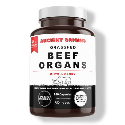 Ancient Origins Grass Fed Beef Organs Capsules 4500mg - Desiccated Liver, Bone Marrow, Heart, Spleen, Pancreas & Kidney Supplement, Non-GMO, Gluten Free, Undefatted (180 Capsules, 750mg Each)